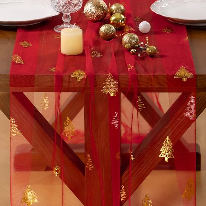 Socomi Christmas Tree Table Runner Gold Gauze Sheer Chiffon Cheesecloth Sequin 10FT Glitter Metallic Foil Dining Wedding Birthday Party Winter Holiday Centerpiece Table Decor 3pcs Red