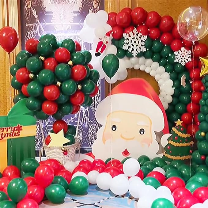 100 Pcs Christmas Red Green Balloons 12 Inch Red Green and White Latex Balloons with 65ft Ribbon for Christmas Birthday Baby Shower Party Decorations
