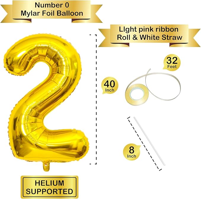 40 Inch Gold Number Balloons, Helium Mylar Foil Number Balloons for Birthday, Number 2 Balloon for 2st Birthday Decorations for Kids, Anniversary Party Decorations Supplies