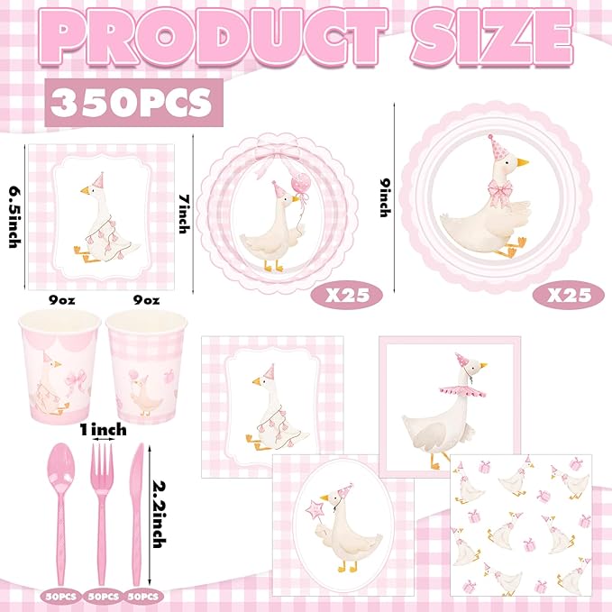 Zhehao 350 Pcs One Silly Goose Birthday Party Tableware Set Scalloped Pink Baby Shower Plates Cup Napkins Forks for Birthday Party Decorations Supplies for 50 Guests