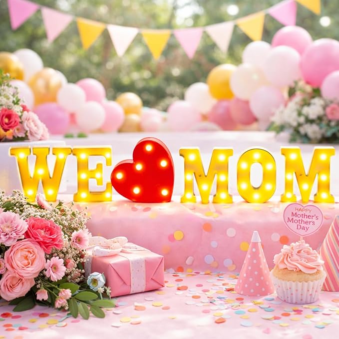 Honoson 6 Pcs Mothers Day Decorations We Love Mom Heart LED Lights up Sign Table Decoration for Mom Birthday Gifts Mothers Day Party Decoration