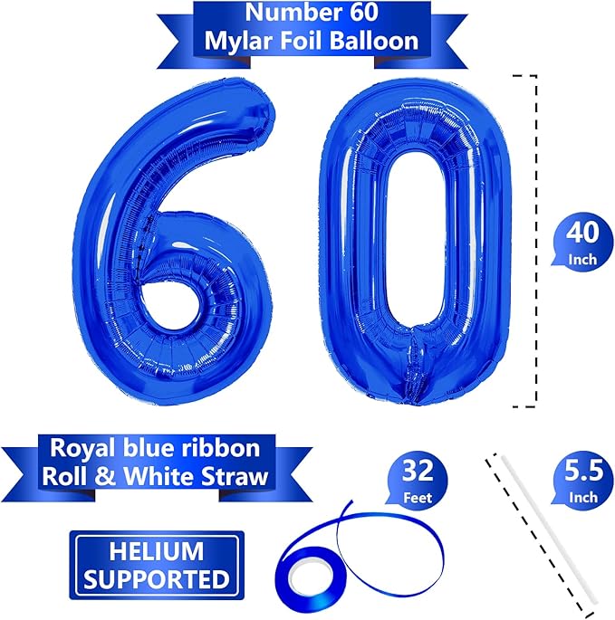 Number Balloons Navy Blue Balloons - Giant Number 60 Balloon, Blue 60th Number Balloon Birthday Decorations for Men