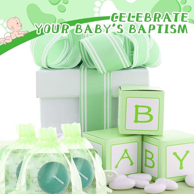 50 Sets Baby Shower Party Favors Including 50 Pcs Unscented Tealight Baby Shower Candles Gift Bags Cards for Gender Reveal Party Supplies(Green)