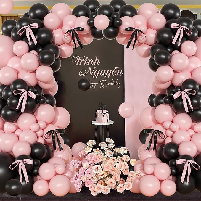 Pink Black Balloon Garland Arch Kit, 141Pcs Pink and Black Balloons Different Sizes 18 10 5 Inch and Bows for Coquette Birthday Wedding Baby Shower Bridal Shower Party Decorations