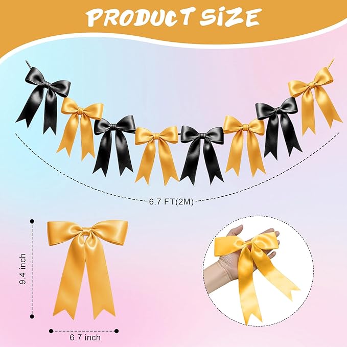 2 Strings of 16PCS Black&Gold Bow Garlands Banner Decoration,Pre-Strung Satin Ribbon Ornaments for Birthday,Bachelorette Party,Bridal Shower,Wedding,Engagement,Baby Shower,Graduation Decor,Anniversary