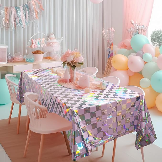 1Pack Iridescent Checkered and Purple Plastic Tablecloths Shiny Disposable Laser Rectangle Table Covers Holographic Foil Tablecloth Iridescent Party Decorations Birthday Bridal Baby Shower, 54x108Inch
