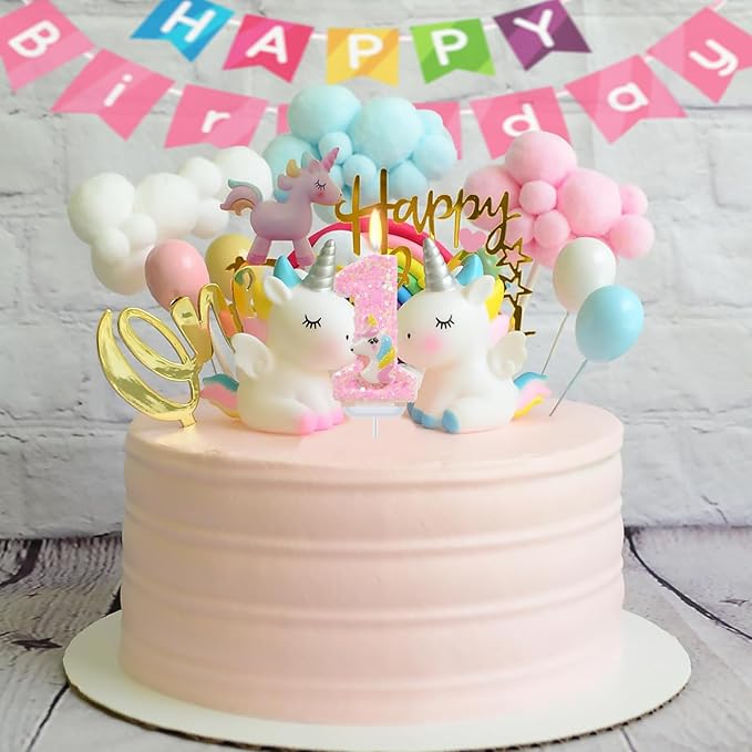 Birthday Candles - Number 1 Candle, First Birthday Decorations for Girl, Pink Candles for Cake Topper, Cartoon Theme Party Supplies