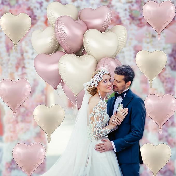 Pink White Heart Balloons, 18 Inch Baby Pink and Cream Helium Foil Heart Balloon 10Pcs Pastel Nude and Light Rosa Heart Shape Foil Balloons for Boho Girls Women Birthday Baby Shower Bridal Valentines