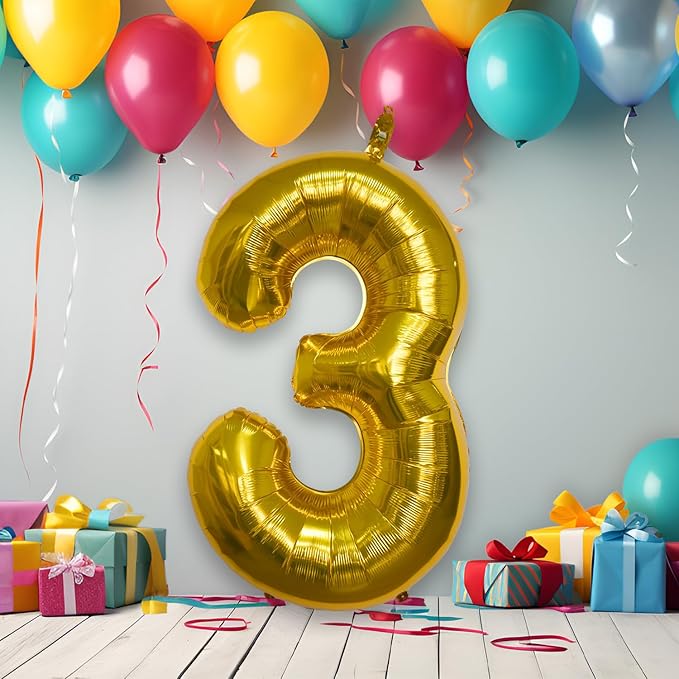 40 Inch Large Gold Number Celebration and Decoration Balloon for Birthday Parties, Graduations, Anniversaries, Weddings, Photo Shoots, Special Events - Helium Foil Mylar (Gold Number 3)