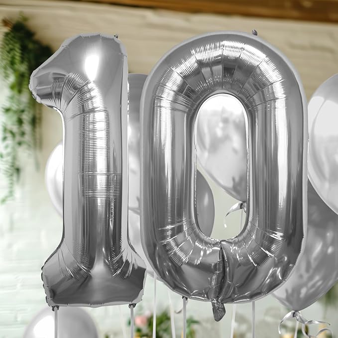 40 Inch Large Number Celebration and Decoration Balloon for Birthday Parties, Graduations, Anniversaries, Weddings, Photo Shoots, Special Events - Helium Foil Mylar (Silver Number 10)