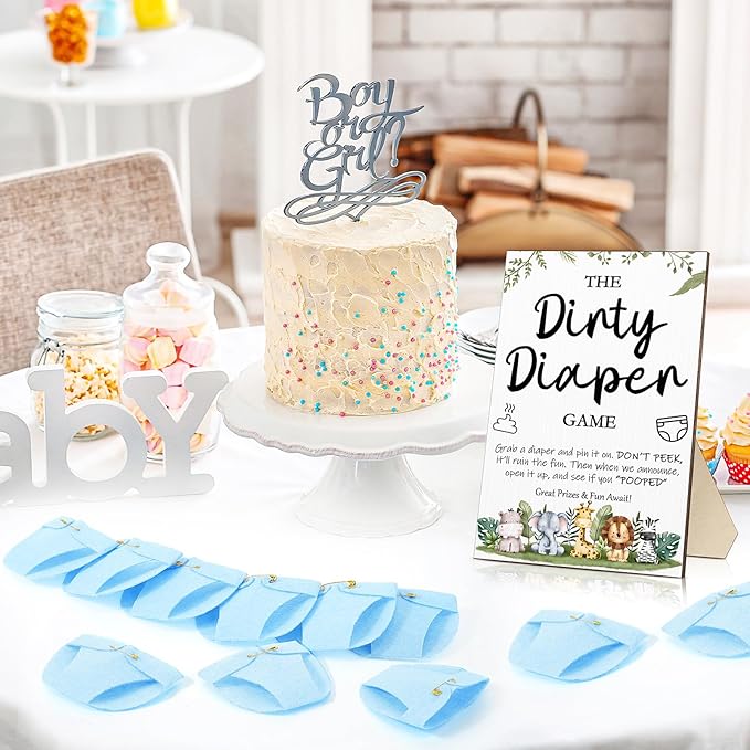 Roowest 51 Pcs Dirty Diaper Baby Shower Games Funny Wooden Sign with 50 Pcs Mini Diapers Cute Felt for Gender Reveal Party Baby Shower(Animals Blue)