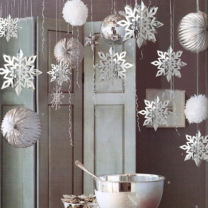 OuMuaMua Winter Christmas Hanging Decorations, 12PCS 3D Large Silver Snowflakes & 12PCS White Paper Snowflakes Hanging Garland for Christmas Winter Wonderland Holiday New Year Party Home