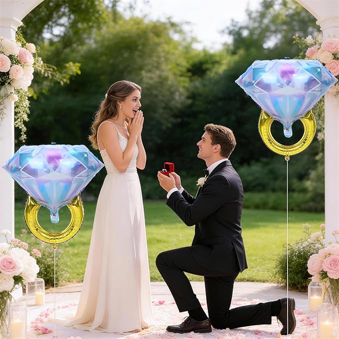 4pcs Engagement Ring Balloons, Foil Mylar Diamond Ring Balloons for Engagement Bachelorette Bridal Shower Wedding Proposal Marriage Anniversary Just Engaged Married She Said Yes Party Decorations