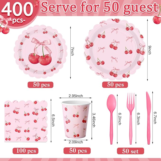400 Pcs Cherry Birthday Party Decorations for 50 Guests, Red Pink Cherry Bow Scalloped Paper Plates Napkins Cups Cutlery for Pink Bow Coquette Baby Shower Bridal Shower Party Supply