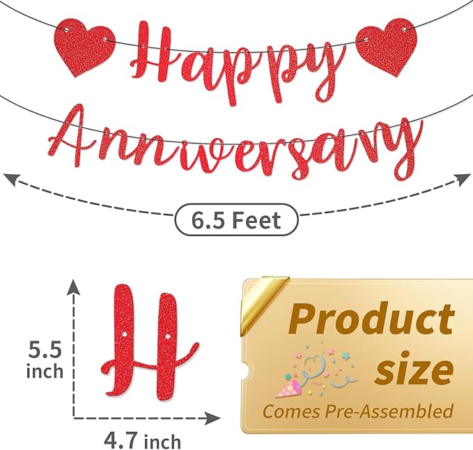 Happy Anniversary Banner, Pre-Strung Party Signs Decorations Glitter Banner for Couple Lovers Weeding Anniverniversary Party Decorations (Red)