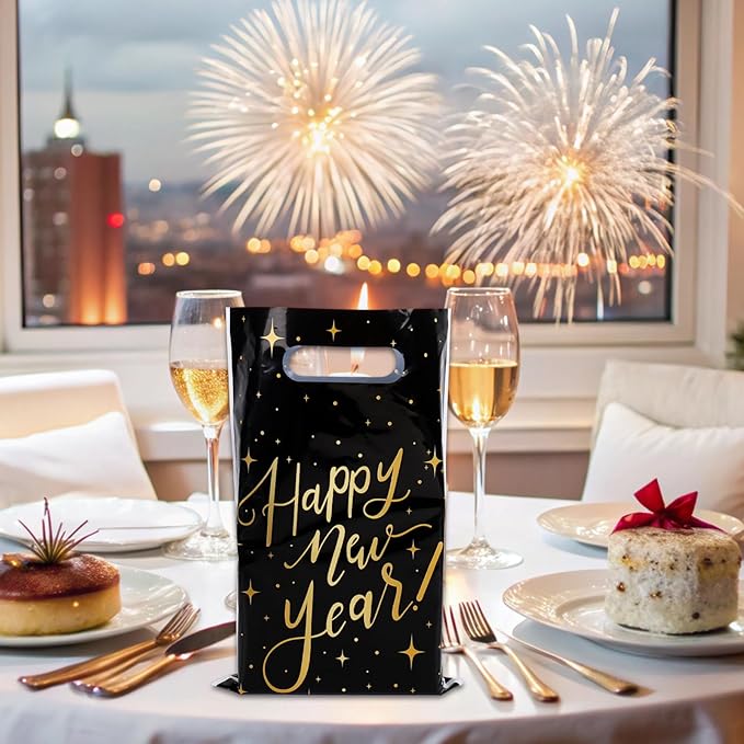 Whaline 50Pcs Happy New Year Party Favor Bag Plastic Treat Bags with Handles Black Gold Star Candy Goodie Bags for Christmas New Year's Eve Snack Cookie Packing