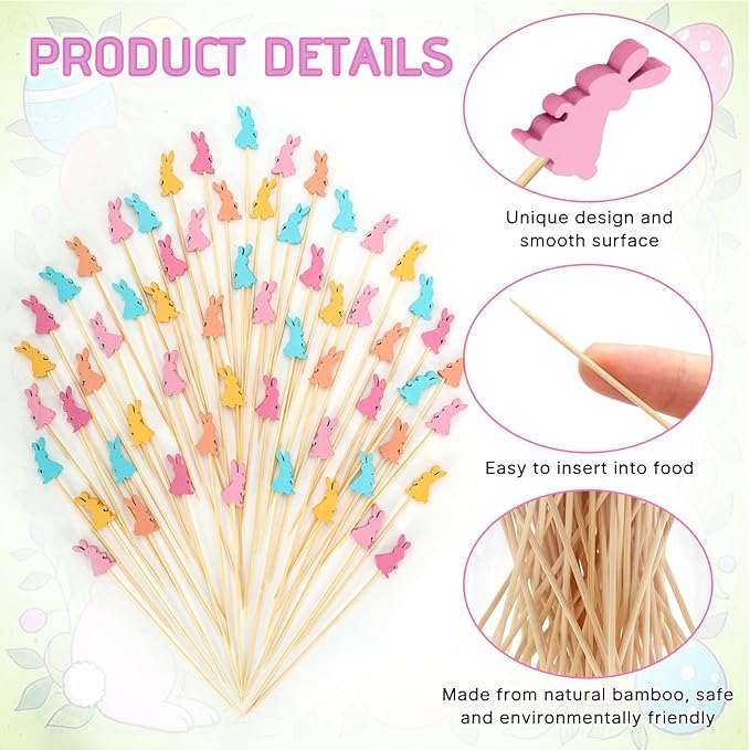 100 Pcs Easter Toothpicks, 4.72 Inch Easter Cocktail Picks for Appetizers, Long Bamboo Toothpicks, Decorative Toothpicks Skewers for Holiday Birthday Party Decorations (Easter Rabbits)