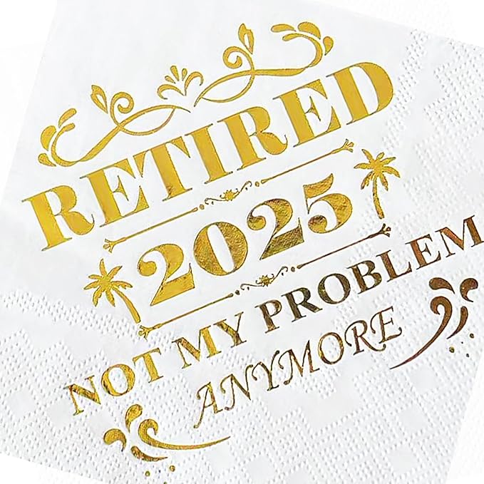 Retired 2025 Cocktail Napkins, 50 Pack 3-Ply Retirement Party Decorations Supplies, Gold Foil Disposable Napkins for Farewell,Coworker Goodbye & Going Away Celebration (5"x5")