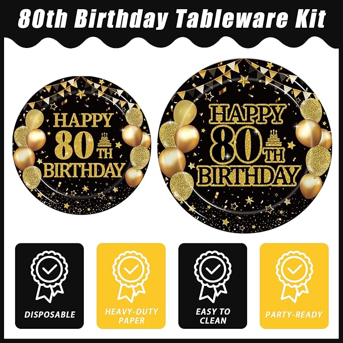96Pcs 80th Birthday Party Tableware Set, Back in 1946 Birthday Party Decorations Supplies for Men Women Cheers to 80 Years Disposable Paper Plates Napkins Forks Favors, Serve 24