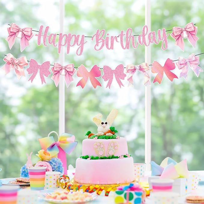 Pink Bow Garland Banner Happy Birthday Banner Decoration Bow Baby Shower Girl Birthday Party Bow Decorations Supplies