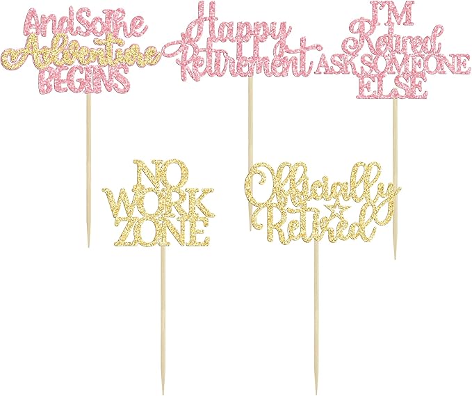 Gyufise 30Pcs Happy Retirement Cupcake Toppers Officially Retired Cake Toppers No Work Zone Adventure Begins Cupcake Picks for Retirement Theme Farewell Birthday Party Decorations Supplies Pink Gold