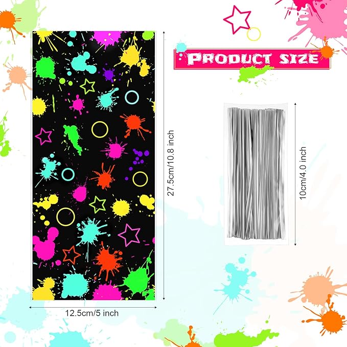 Epakh 100 Pack Neon Candy Bags Goodie Plastic Colorful Treat Glow in The Dark Party Supplies Favor Bags Neon Gift Wrap with Silver Twist Ties for Glow Birthday Party Decor