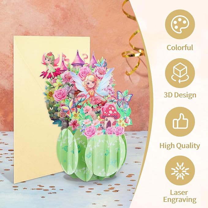 FaCraft Fairy Birthday Card - for Girl, Handmade Happy Birthday Pop Up Greeting Cards Gift with Envelope, for Daughters, Granddaughters, Nieces