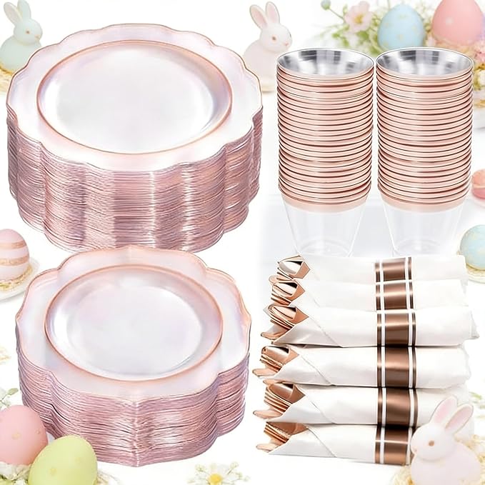 NOCCUR 350PCS Rose Gold Plastic Plates - Clear Rose Gold Disposable Dinnerware Set - Include 100 Dinner/Dessert Plates,50 Cups,50 Pre Rolled Napkins with Cutlery Set - Ideal for Party/Easter Day