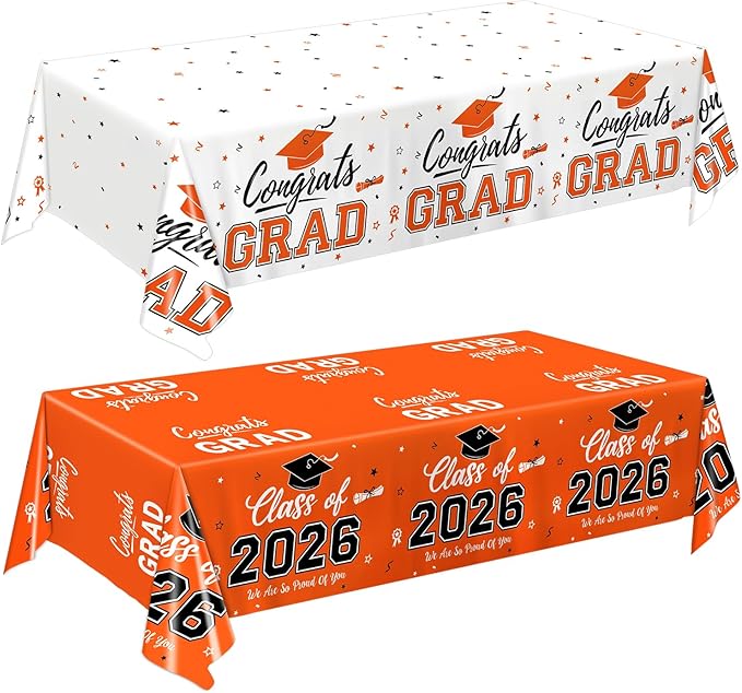 Oigco Graduation Decorations Class of 2026, 2 Pack Orange Graduation Tablecloths, Congrats Grad Plastic Table Cloths for Graduation Party Decorations, 54 x 108 Inch