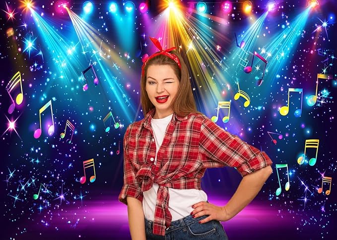 AIIKES 8x6ft Rainbow Stage Photography Backdrop1980s Colorful Disco Backdrop Rock Music Glow Neon Dance Birthday Party Decorations Backdrop XY142