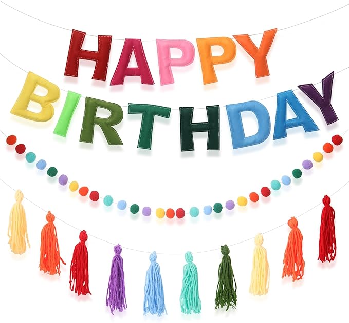Pre-Strung Happy Birthday Banner Rainbow Decorations Felt Ball Garland Happy Birthday Sign for Party Decorations Unicorn Party Decor (Rainbow)