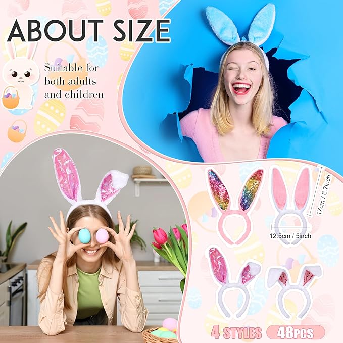 Yinder 48 Pcs Bunny Ears Headband Easter Rabbit Hair Hoop Cute Rabbit Ear Hairband for Birthday Party Favors Cosplay Supplies(Multi Style)