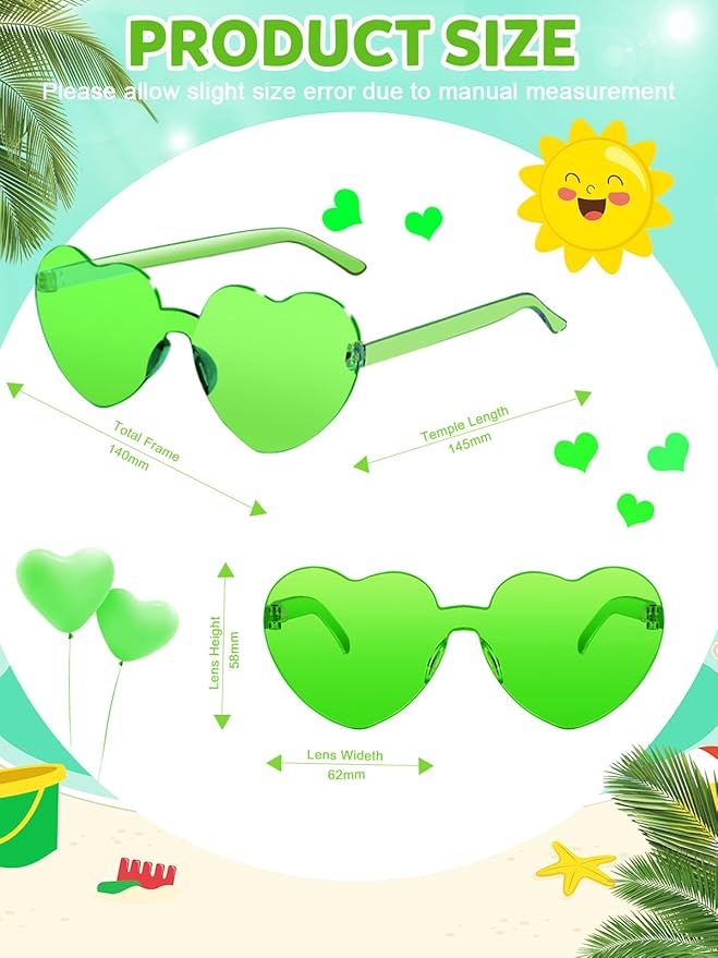 Heart Shaped Sunglasses for Women Colorful Glasses Fun Trendy Transparent Heart Sunglasses Party Favor (1 Pair-Fluorescent Green)