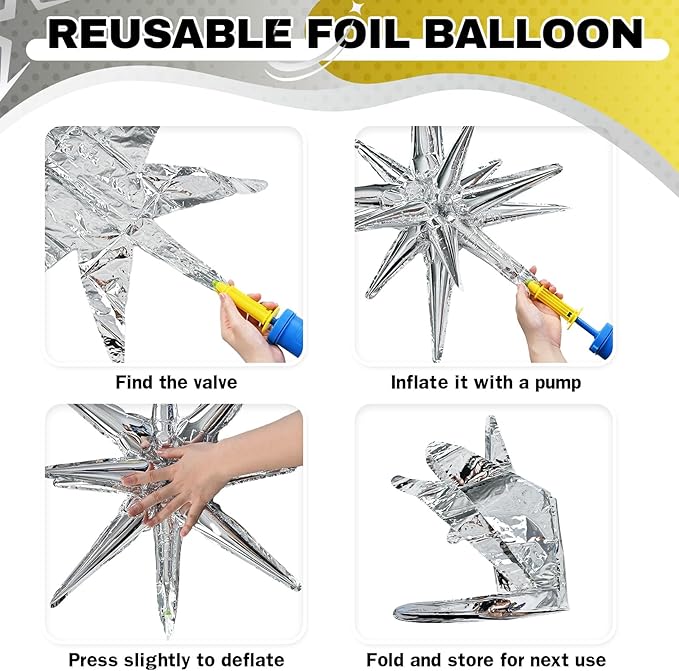 6PCS Gold Silver Star Balloons, 22Inch Large Star Balloon Foil Spike Cone Balloon for Birthday Anniversary Festival Christmas New Year Party Decorations