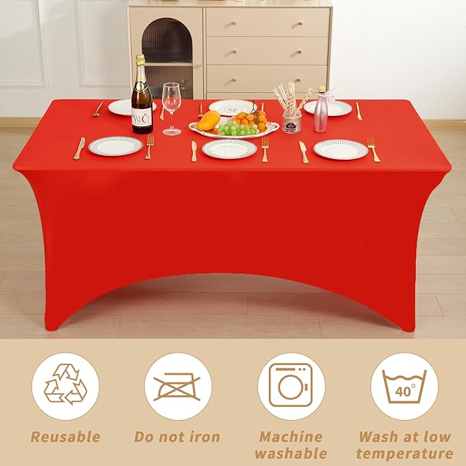 Fixwal 3 Pack Red Table Cloths Rectangle 6FT, Tablecloths Rectangular Stretch Spandex Fitted Table Covers 6 FT for Valentine's Day, Festival Parties, Trade Shows, Banquet, Weddings, Event