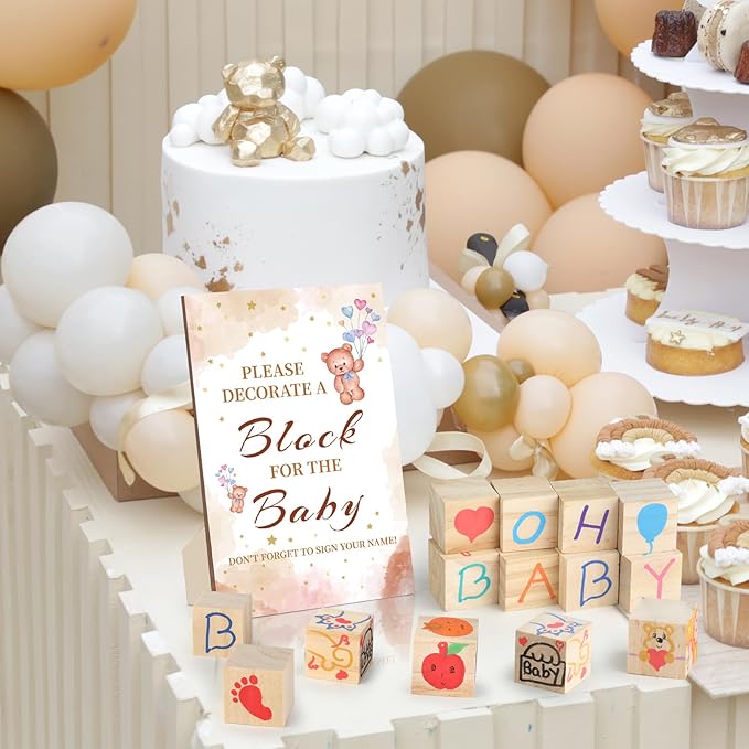 Baby Shower Games Sign Kit with 50 Blank Wooden Baby Blocks, 24 Acrylic Paint Marker and Wooden Sign, Blocks for Baby Shower Games, Gender Reveals Party(Bear)