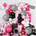 FunHot Pink Race Car Balloon Arch Garland Kit, Hot Pink Black Balloons Arch with Black and White Plaid Foil Balloons for Racing Car Theme Birthday Party Decorations