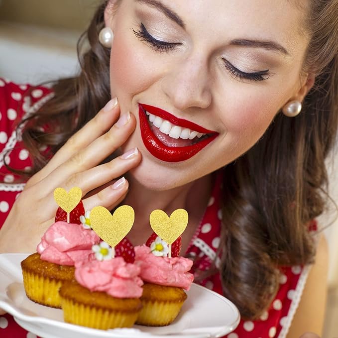 30 PCS Heart Cupcake Toppers Glitter Sweet Love Theme Cupcake Picks Wedding Engagement Bridal Shower Birthday Valentine's Day Party Cake Decorations Supplies Mixed Size Gold