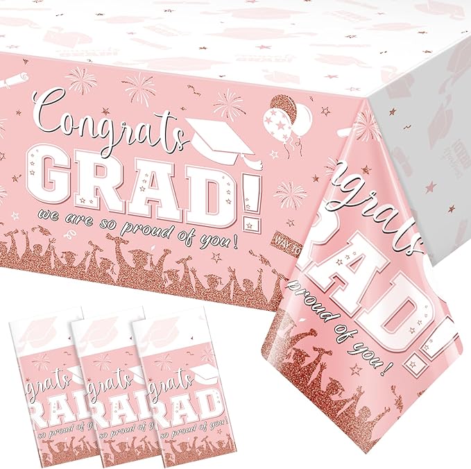 3 Pack Graduation Tablecloth Party Decorations, Class of 2026 Congrats Grad Plastic Tablecover Party Supplies, Pink Rectangle Graduation Table Decorations for College High School Party, 54 x 108 Inch