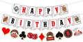 Zwiebeco Casino Theme Happy Birthday Banner Colorful Poker Sign Hanging Paper Party Decorations for Men Women Playing Cards Game Themed Accessories Supplies