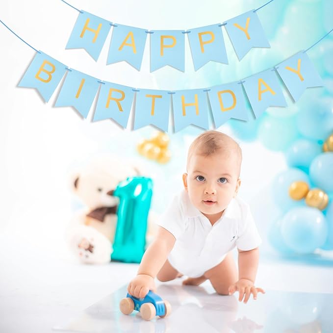 Blue Happy Birthday Banner - Light Blue Hanging Backdrop Sign with Gold Letters, Happy Birthday Sign Bunting Decorations for Women men Kids Baby Shower Party Supplies (13pcs)