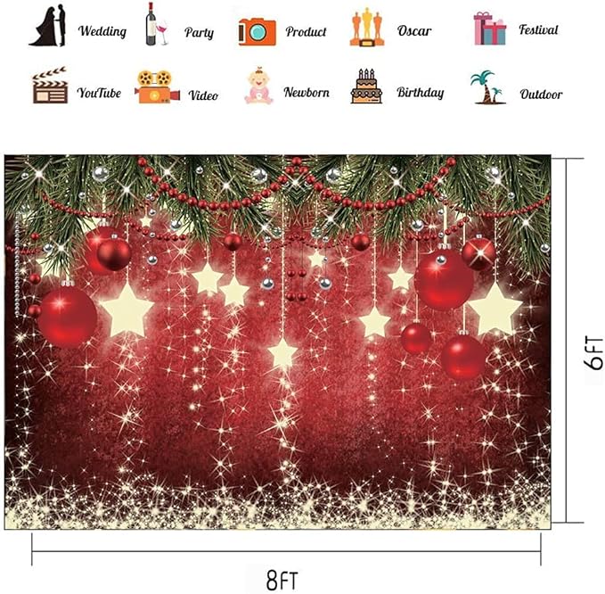 CHAIYA 8X6ft Christmas Backdrop Red Ball Xmas Merry Party Decorations for Family Holiday New Year Backdrop for Christmas Party Decoration Banner Photo Shoot