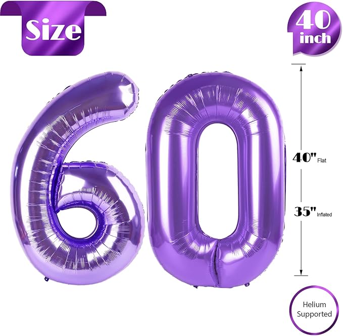 Purple Number 60 Balloon 40 inch, 60 Number Balloons, 60th Purple Birthday Decorations, 60 Year Old Girls Boys Party Supplies