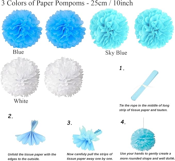 ZERODECO Birthday Decoration Set - Happy Birthday Banner with Fans, Pom Poms, Swirls and Balloons - Blue, Sky Blue and White