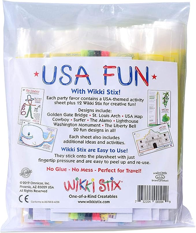 WIKKI STIX USA Fun Paks, Travel Essential for Road Trips, Featuring USA Landmarks and Locations, Made in USA. Pack of 20.