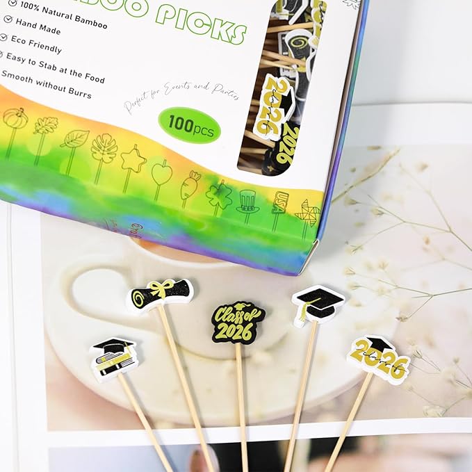 100Pcs Graduation Cocktail Picks, Class of 2026 Grad Theme Decor Toothpicks Fruit Sticks Skewers with Topper for Appetizers Charcuterie Accessories Congrats Grads Decorations Themed Party Supplies
