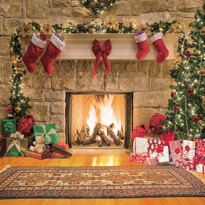 CYLYH 10x10ft Christmas Backdrops Christmas Fireplace Theme Backdrop Tree Sock Decorations for Xmas Party Supplies Photo Background Pictures Banner