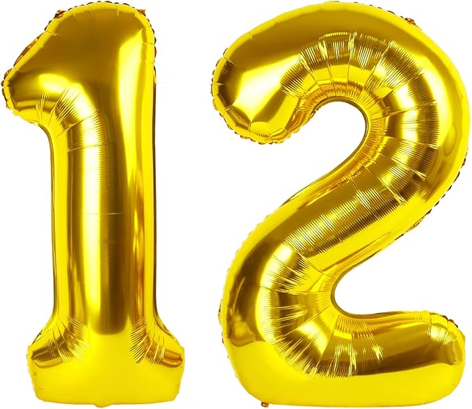 12 Gold Number Balloons, 40 Inch Balloons for Woman Man 12th Birthday Party Decoration, Foil Number Ballon for 12, 21 Anniversary, Bridal Shower, Graduation, Valentine's Day, Mother's Day, Easter