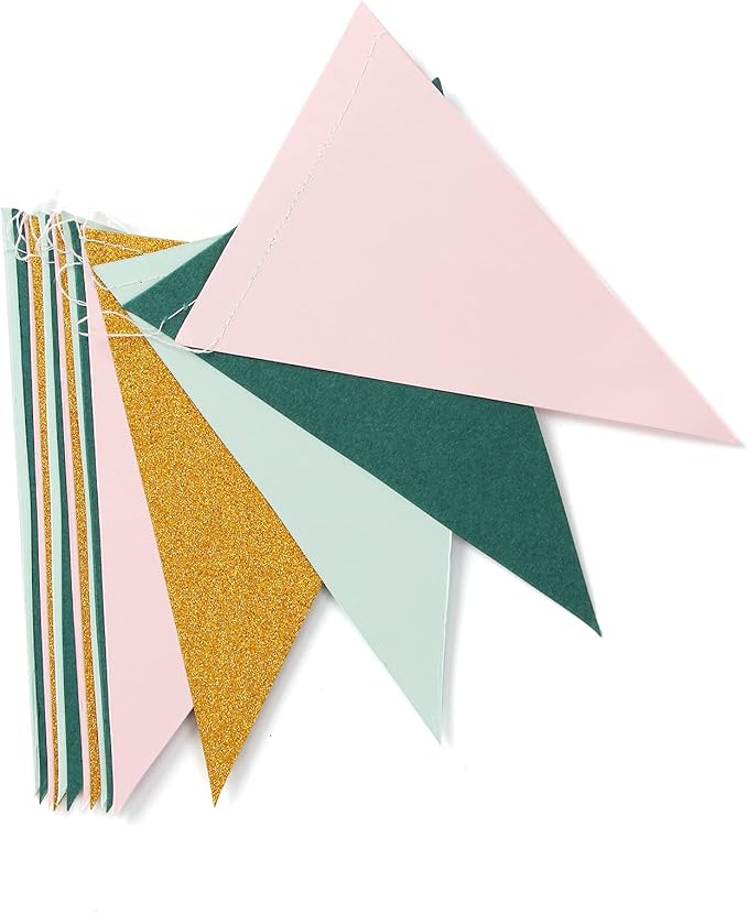 Sage Green Pink Gold Pennant Banner,2 Pack Paper Triangle Flags,Baby Bridal Shower Safari Birthday Tropical Jungle Party Decorations Wedding Bachelorette Engagement Bunting Lasting Surprise