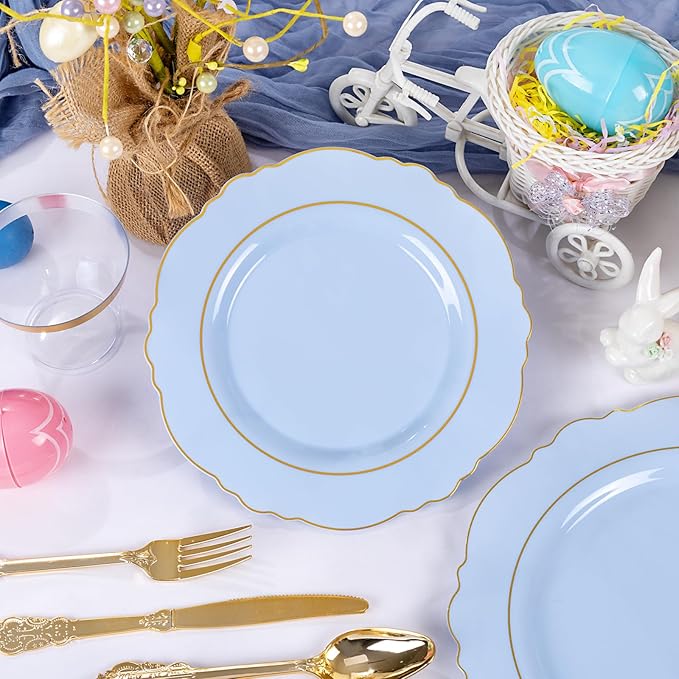 Liacere 350PCS Bule Plastic Plates - Disposable Bule and Gold Plates 50guest Baroque Plastic Dinnerware include 100Plates, 50Pack Pre Rolled Napkins with Silverware 50Cups for Wedding&Mother's Day